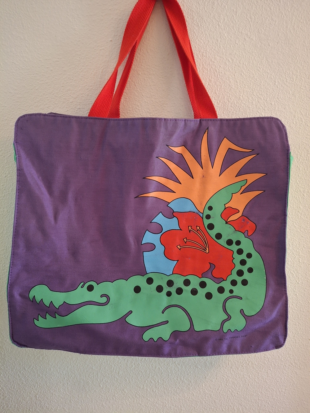 Vintage Florida Purple Canvas Tote with Green Crocodile and Red Handles